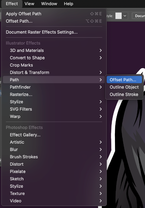 Opção Deslocamento de Caminho dentro do menu Efeitos do Adobe Illustrator 2022